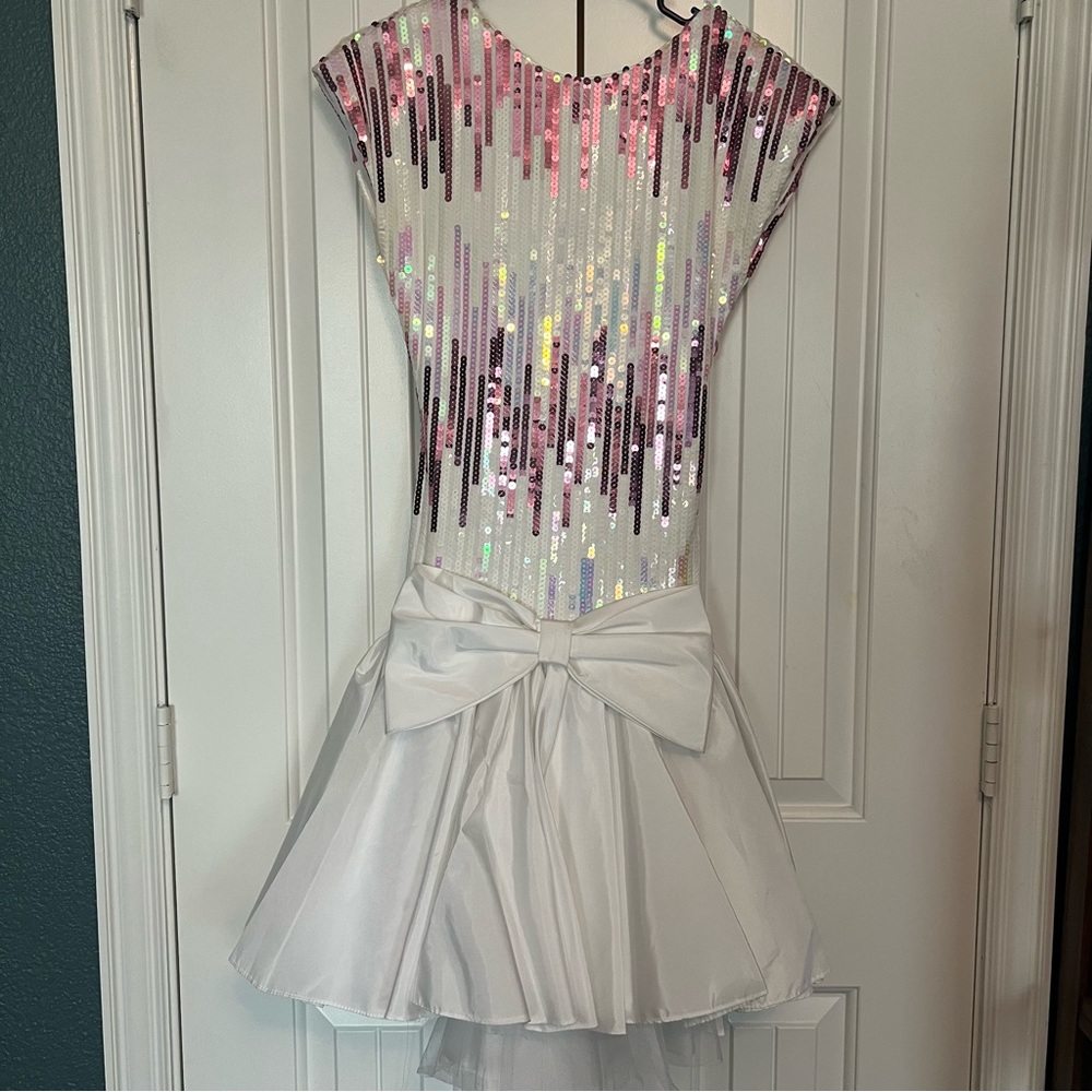 Vintage Prom Dress Dave & Johnny White Pink Sequins Drop Waist Mini Size 3/4